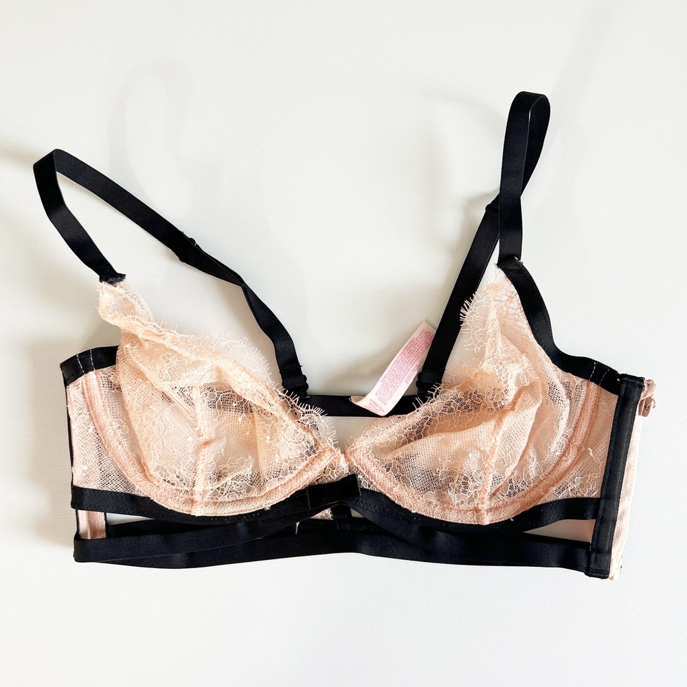 Victorias Secret Very Sexy Unlined Corset Demi Bra Black Pink Lace‎ Strappy 34C